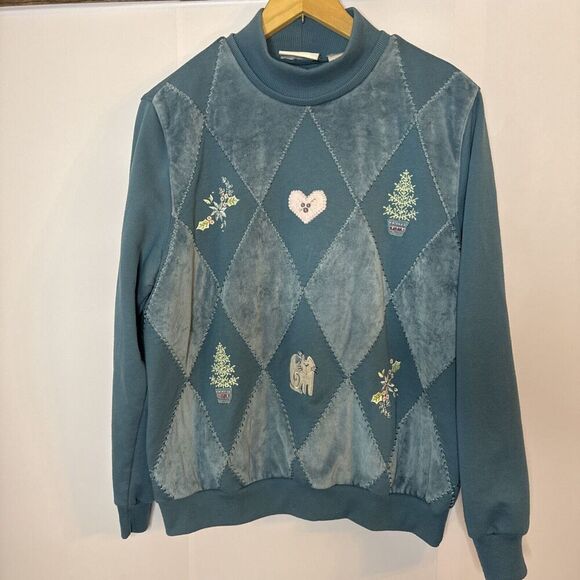 Vintage Alfred Dunner Blue‎ Velvet Top Sweatshirt Med Cat Grandmacore Argyle - Picture 3 of 10